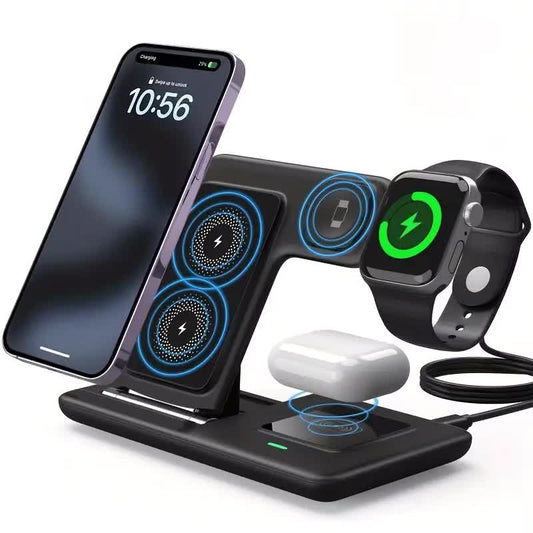 Multi-device 3-in-1 Foldable Wireless Charging Station | iWatch Series 9 8 7 6 SE 5 4 3 2, Ultra Airpods Pro 3 2, iPhone 17/16/15/14/13/12/11 Rapid Charging Stand - Magnetic Connector, USB Power Supply