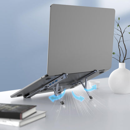 Adjustable Laptop Stand with USB Hub – Aluminum Foldable Riser for Home Office, Gaming, Travel & Business Use, Ergonomic Cooling Desk Mount (Black)