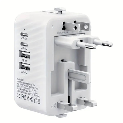 Universal Travel Adapter, Compatible with 200+ Countries, 4 USB Ports Fast Charging, Compact and Portable, Essential for Business Trips and Travel.WHITE