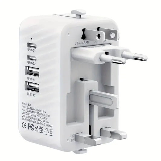 Universal Travel Adapter, Compatible with 200+ Countries, 4 USB Ports Fast Charging, Compact and Portable, Essential for Business Trips and Travel.WHITE