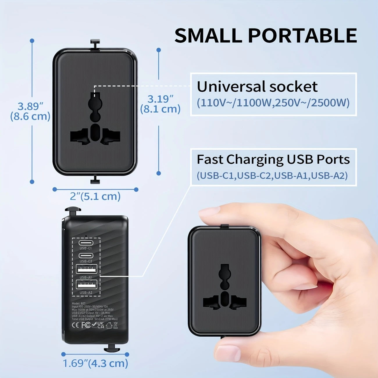 Universal Travel Adapter, Compatible with 200+ Countries, 4 USB Ports Fast Charging, Compact and Portable, Essential for Business Trips and Travel.WHITE