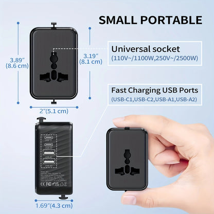 Universal Travel Adapter, Compatible with 200+ Countries, 4 USB Ports Fast Charging, Compact and Portable, Essential for Business Trips and Travel.WHITE