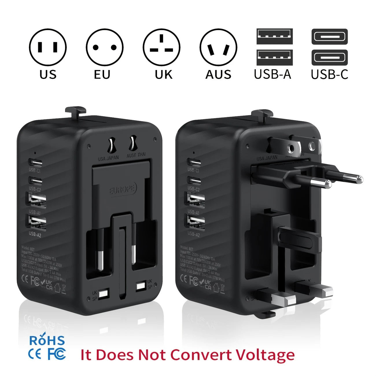 Universal Travel Adapter, Compatible with 200+ Countries, 4 USB Ports Fast Charging, Compact and Portable, Essential for Business Trips and Travel.WHITE