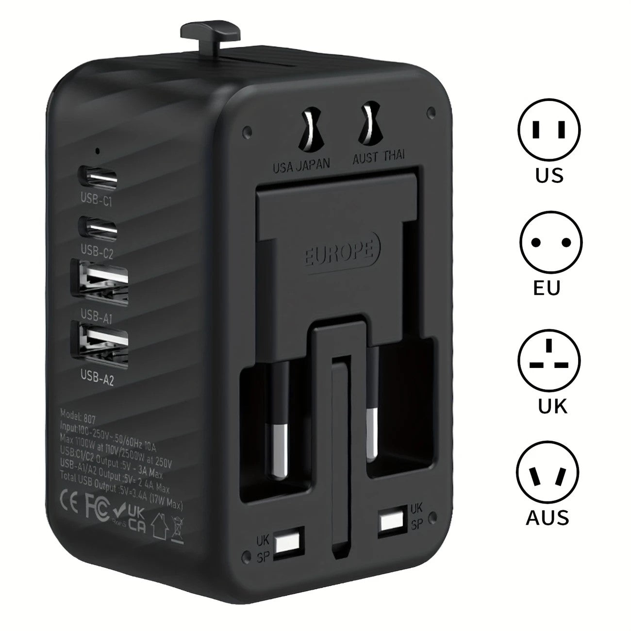 Universal Travel Adapter, Compatible with 200+ Countries, 4 USB Ports Fast Charging, Compact and Portable, Essential for Business Trips and Travel.WHITE