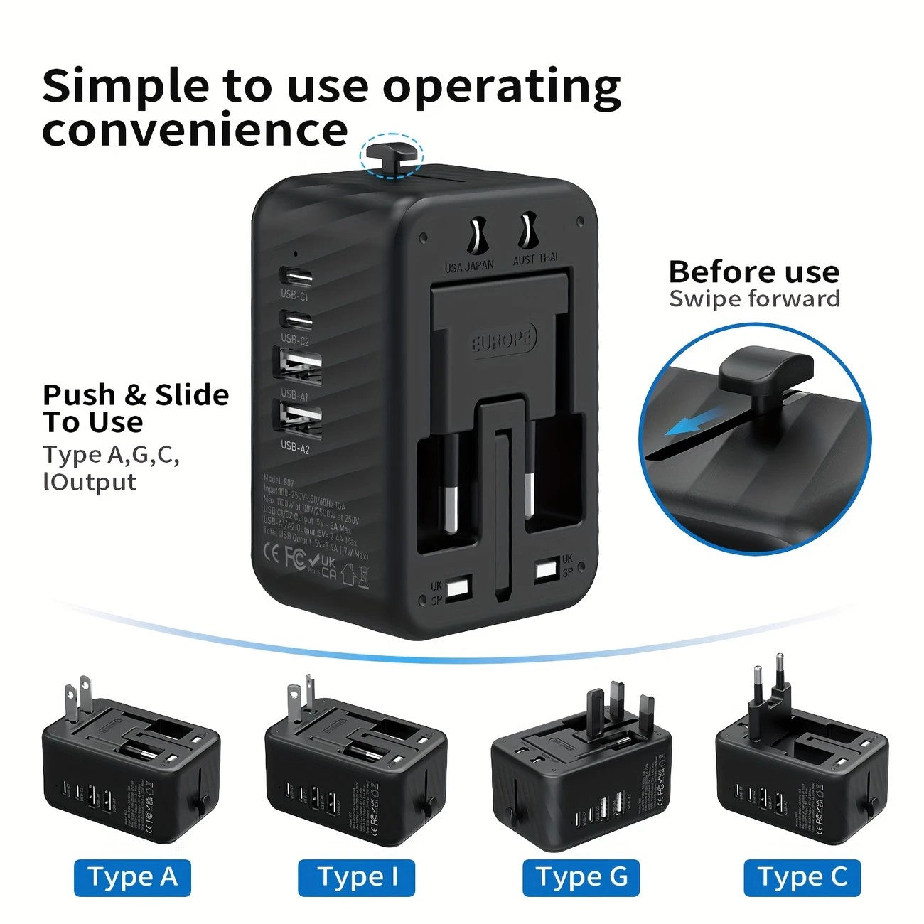 Universal Travel Adapter, Compatible with 200+ Countries, 4 USB Ports Fast Charging, Compact and Portable, Essential for Business Trips and Travel.WHITE