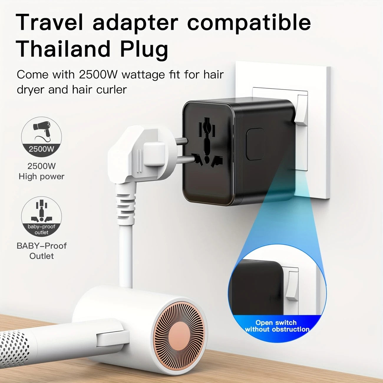 Multi-Country Travel Adapter, Compatible with 180+ Countries, 2500W High Power, Multiple Safety Protections