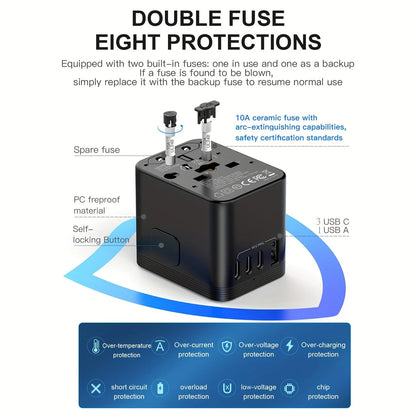 Multi-Country Travel Adapter, Compatible with 180+ Countries, 2500W High Power, Multiple Safety Protections