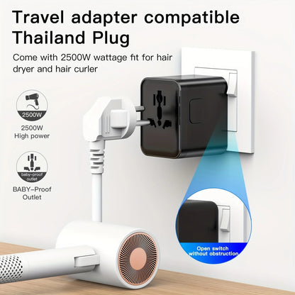 Multi-Country Travel Adapter, Compatible with 180+ Countries, 2500W High Power, Multiple Safety Protections