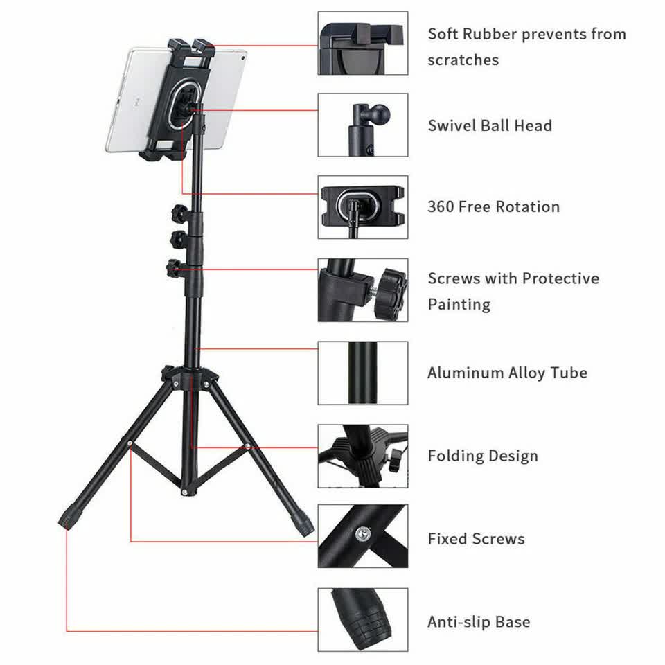 Adjustable 4.7-12.9" Stable Tripod Floor Stand Lazy Tablet Mount Holder for iPad