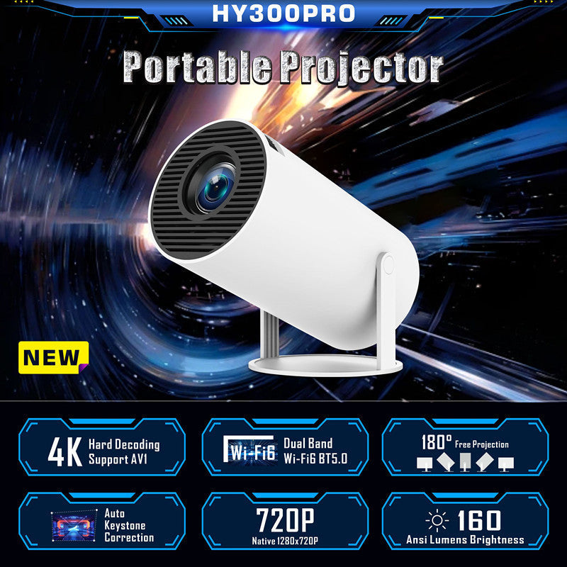 NNEDSZ HY300PRO Portable Projector - 4K Decoding, Wi-Fi 6, 720P HD with 160 ANSI Lumens