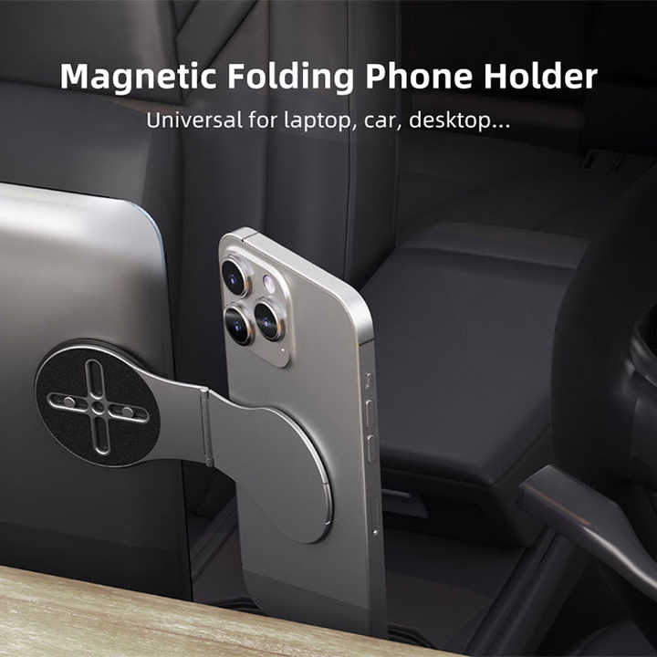 NNEDSZ Grey Magnetic Foldable Phone Stand - Universal Aluminum Alloy Desktop & Tesla Car Mount, Compact and Lightweight Design