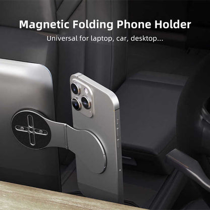 NNEDSZ Grey Magnetic Foldable Phone Stand - Universal Aluminum Alloy Desktop & Tesla Car Mount, Compact and Lightweight Design