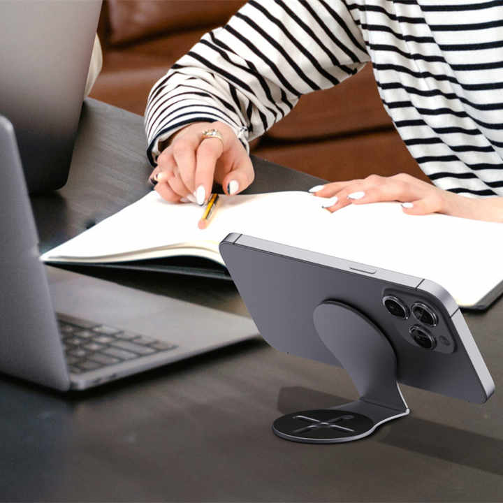 NNEDSZ Grey Magnetic Foldable Phone Stand - Universal Aluminum Alloy Desktop & Tesla Car Mount, Compact and Lightweight Design