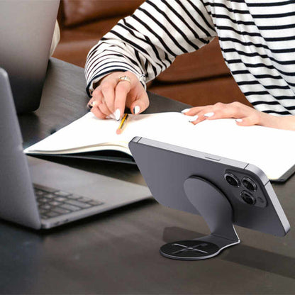 NNEDSZ Grey Magnetic Foldable Phone Stand - Universal Aluminum Alloy Desktop & Tesla Car Mount, Compact and Lightweight Design